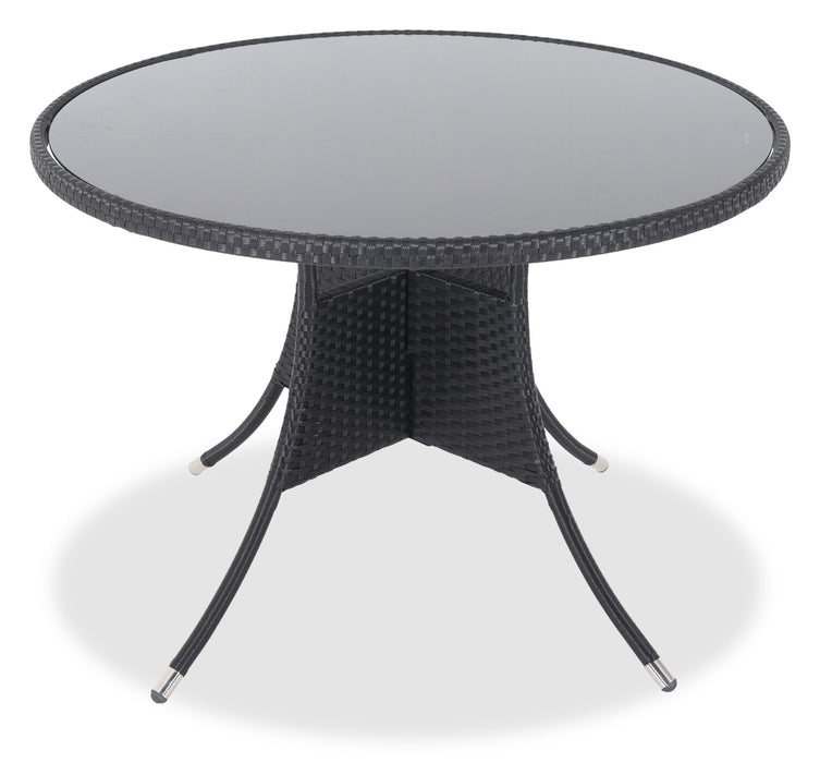 Table Arizona pour la terrasse à l’extérieur - osier en résine tressé à la main, dessus de table rond en verre trempé, résistante aux rayons UV et aux intempéries - noire