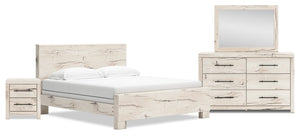 Ensemble de chambre à coucher Derekson 6 pièces blanc rustique avec lit à panneaux, commode, miroir et table de nuit - format très grand lit