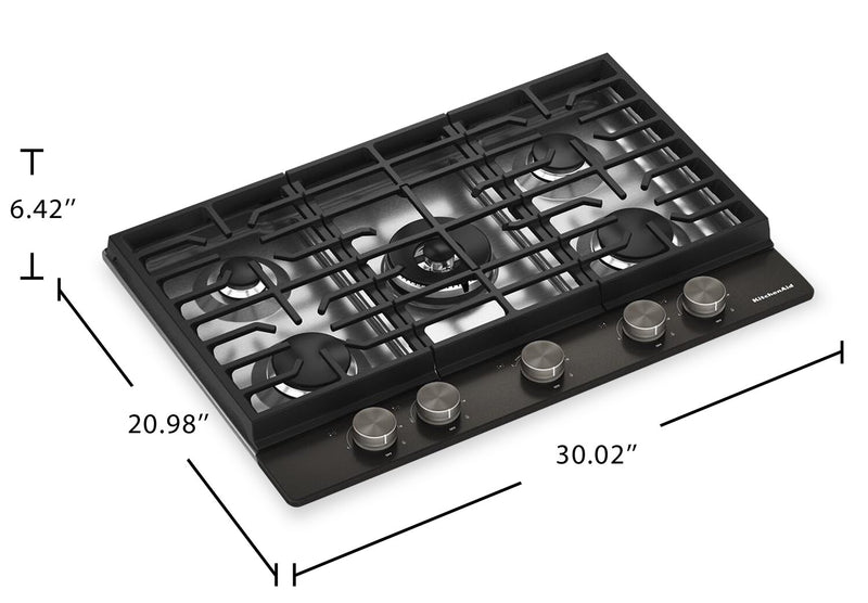 Surface de cuisson KitchenAid de 30 po au gaz sur métal avec grilles pour wok intégrées – Black Ore - KCGK530SBE