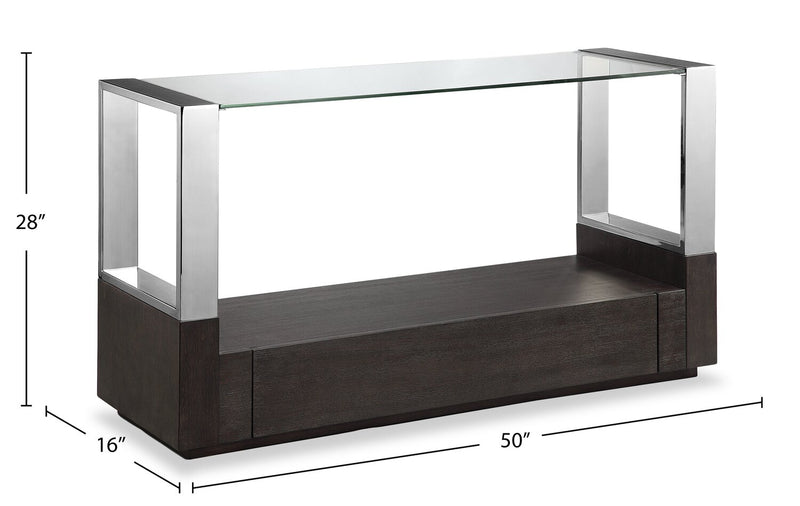 Table de salon moderne Perrin de 50 po avec dessus de table en verre, rangement et tablette - graphite