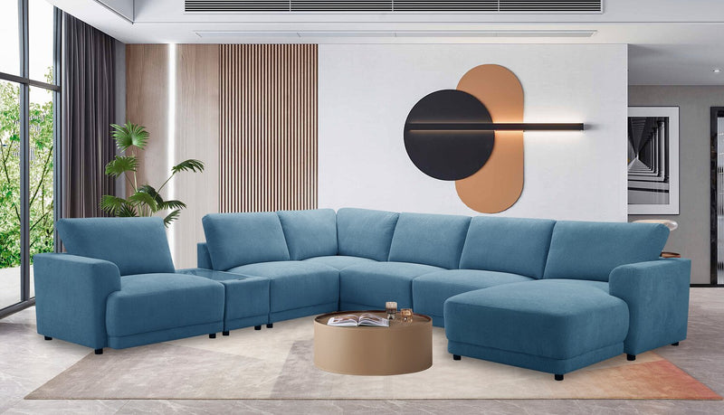 Sofa sectionnel modulaire de droite Voyage 7 pièces en tissu avec console et coussins de dossier amovibles - bleu