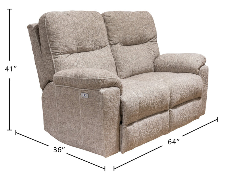 Causeuse à inclinaison électrique Dawson de 64 po fabriquée au Canada en tissu avec port USB et coussins décoratifs - beige