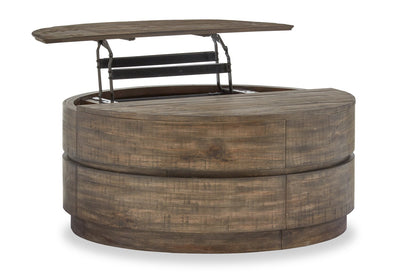 Elm 40” Round Rustic Pine Lift Top Coffee Table with Casters - Brown | Table à café ronde rustique Elm de 40 po en pin avec dessus relevable - brune