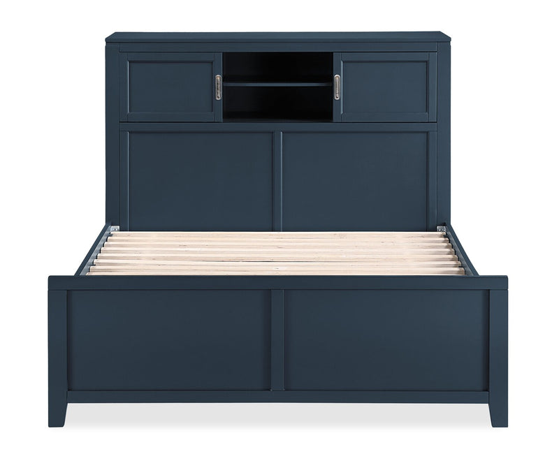 Lit plateforme Quinn avec tête de lit bibliothèque, bureau intégré et tabouret, bleu - format lit double