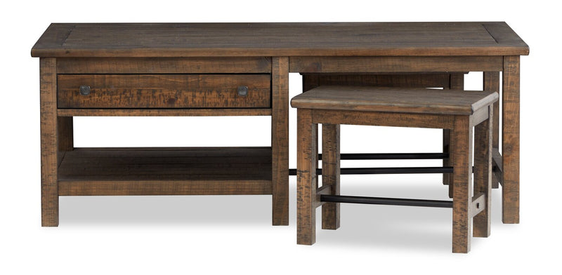 Table à café Edwin de 52 po en pin champêtre avec rangement et tabourets - brun champêtre