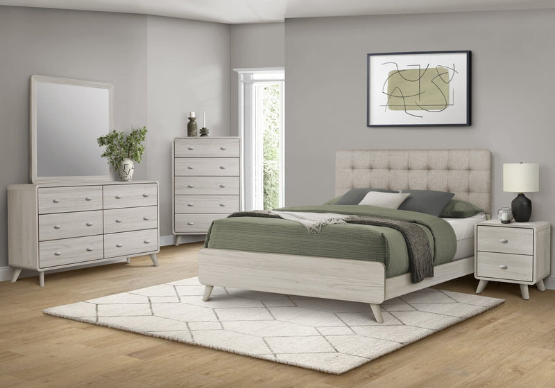 Ensemble de chambre à coucher de style moderne du milieu du 20e siècle Cami 5 pièces en chêne gris avec lit, commode et miroir - format grand lit