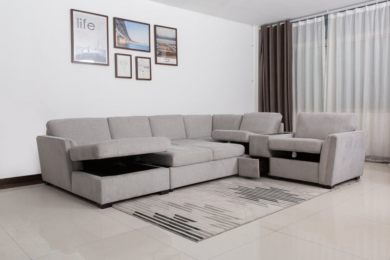 Sofa sectionnel de gauche Vault 6 pièces avec causeuse-lit, 3 fauteuils de rangement et fauteuil long de rangement - gris