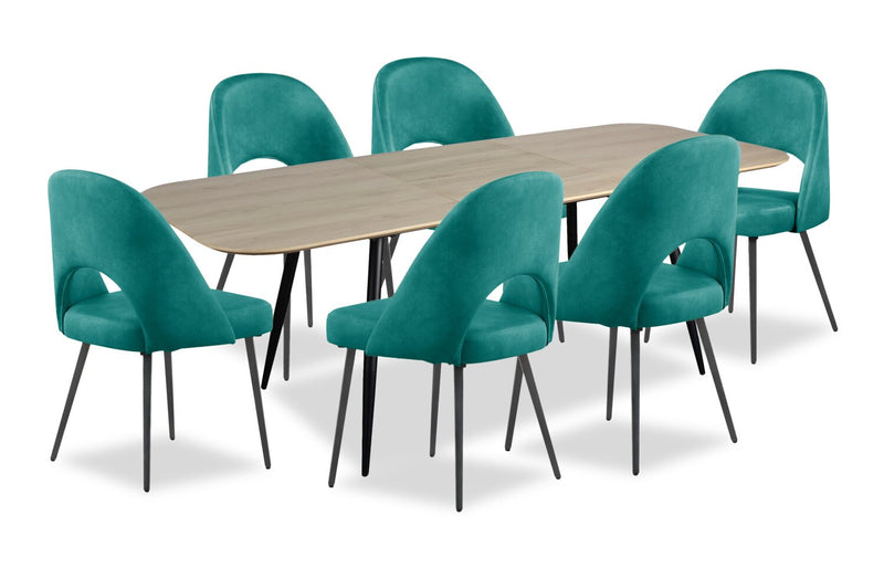Ensemble de salle à manger Joss 7 pièces en métal avec table, rallonge papillon de 63 po à 86,5 po (L) et 6 chaises Bay - turquoise