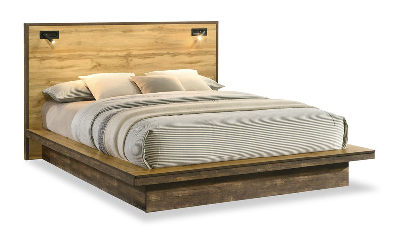 Ensemble de chambre à coucher Silas 5 pièces brun rustique avec lit plateforme, commode, miroir et éclairage à DEL - format grand lit