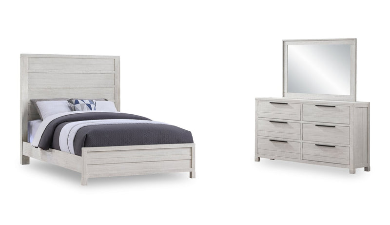 Ensemble de chambre à coucher Haven 5 pièces blanc avec lit à panneaux, commode et miroir - format grand lit