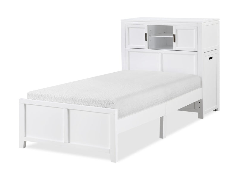 Lit plateforme Quinn avec tête de lit bibliothèque, bureau intégré et tabouret, blanc - format lit simple