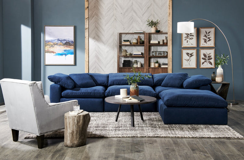 Pouf modulaire Eclipse de 43 po en tissu d’apparence lin avec coussin en duvet et plumes - bleu marine