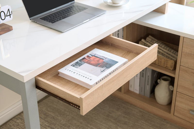 Bureau en coin réversible Owen de 55 po avec 4 tiroirs et compartiments - imitation de marbre blanc et blanc vieilli