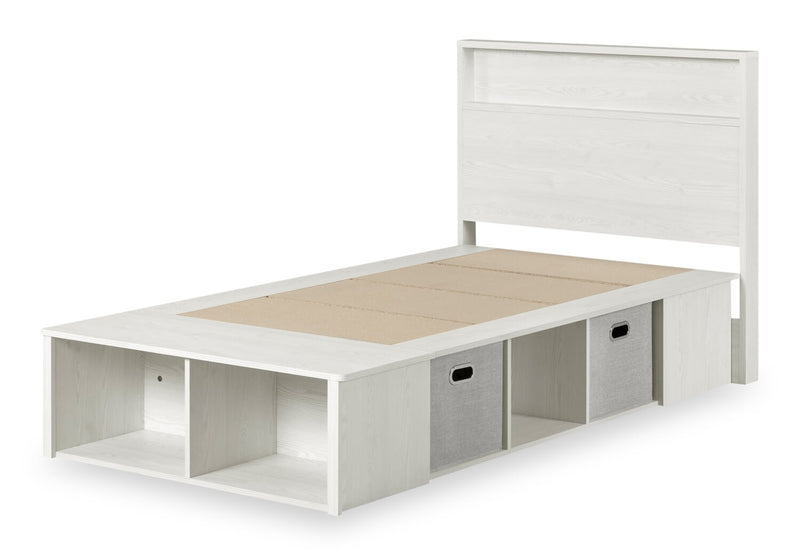 Ensemble lit plateforme et tête de lit à panneau Everley avec rangement et paniers intégrés, blanc - format lit simple