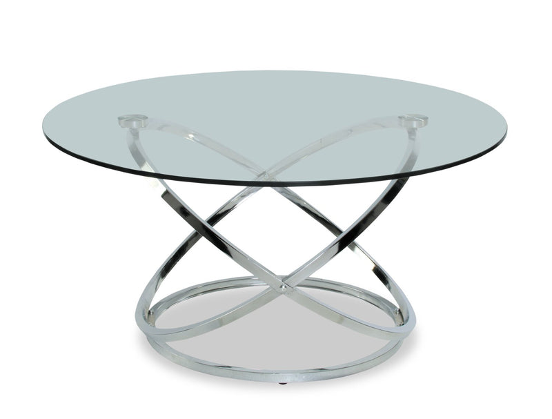 2 tables modernes Hendrix de 36 po (table à café et table de bout) avec dessus en verre - chromées avec base en métal