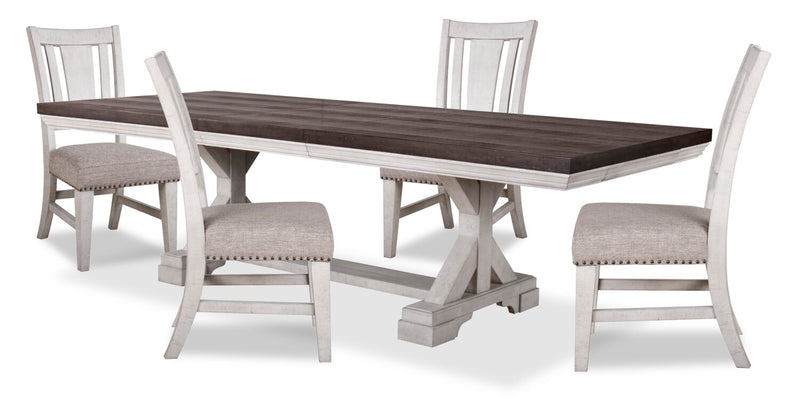 Ensemble de salle à manger Willow 5 pièces avec table, rallonge de 84 po à 106 po (L) et 4 chaises - blanc rustique et brun