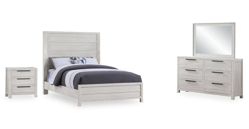Ensemble de chambre à coucher Haven 6 pièces blanc avec lit à panneaux, commode, miroir et table de nuit - format grand lit