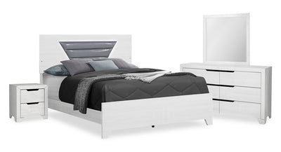 Elite 6pc Bedroom Set with Bed, Dresser, Mirror & Nightstand, LED, Modern, White - Queen Size | Ensemble de chambre à coucher moderne Elite blanc 6 pièces avec lit, commode, miroir, table de nuit et éclairage à DEL - format grand lit