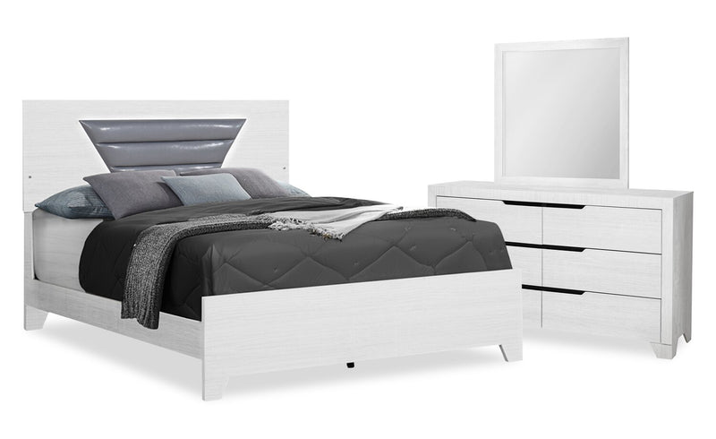 Ensemble de chambre à coucher moderne Elite blanc 5 pièces avec lit, commode, miroir et éclairage à DEL - format grand lit