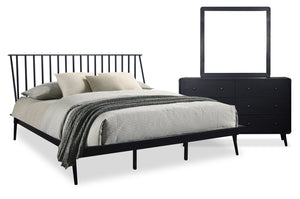 Ensemble de chambre à coucher Milan 5 pièces de style moderne du milieu du 20e siècle avec lit, commode et miroir, noir - format très grand lit