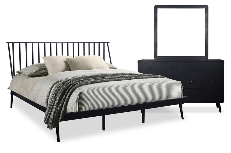 Ensemble de chambre à coucher Milan 5 pièces de style moderne du milieu du 20e siècle avec lit, commode et miroir, noir - format très grand lit