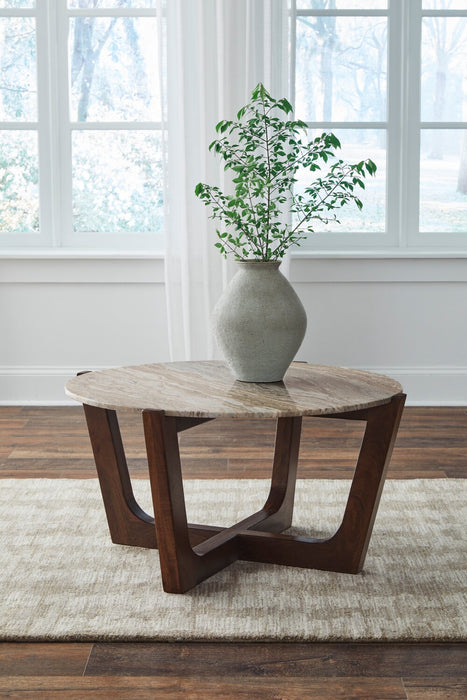 Table à café moderne Haydon de 36 po avec marbre naturel - brun chaleureux