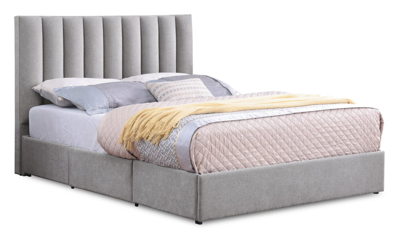 Base de lit de rangement Amos rembourrée en tissu gris avec 3 tiroirs intégrés - format très grand lit