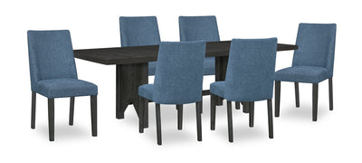 Emery 7pc Dining Set with Table & 6 Chairs, Wood, 72-96"W Extension - Black & Blue | Ensemble de salle à manger Emery 7 pièces en bois avec table, rallonge, 72 po à 96 po (L) et 6 chaises - noir et bleu