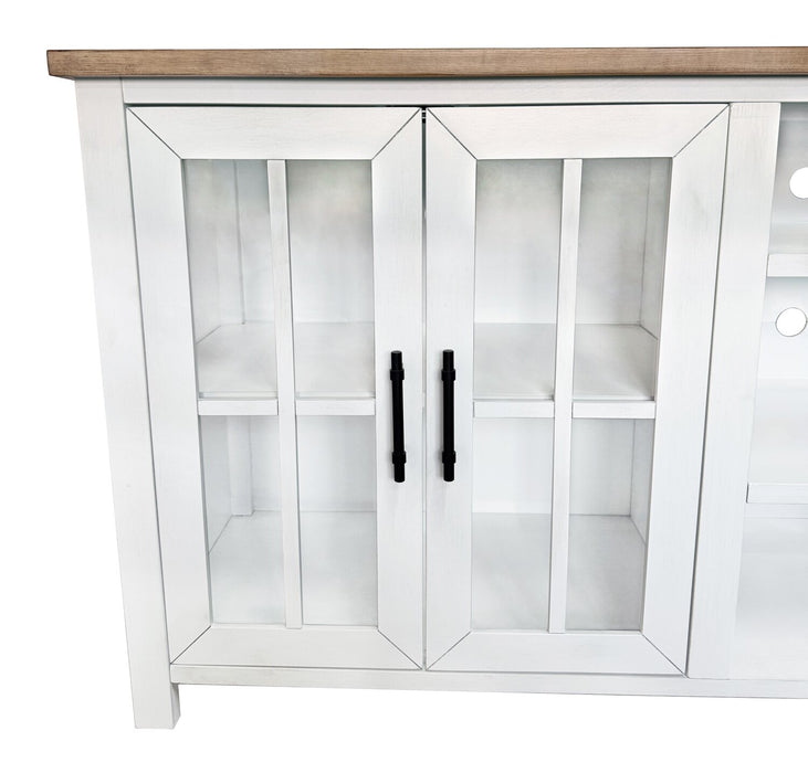 Meuble pour téléviseur moderne Sterling de 95.83 po avec rangement et système de gestion des câbles pour téléviseurs jusqu’à 100 po - brun et blanc