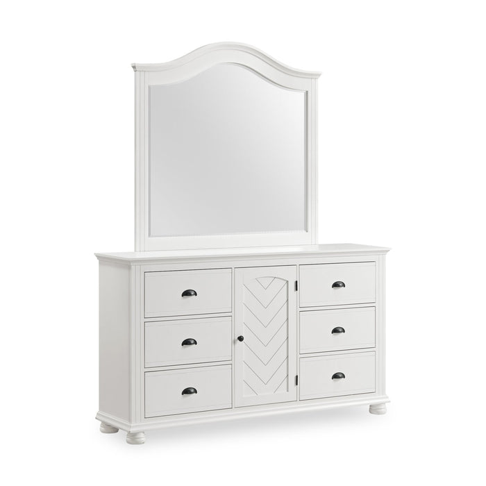 Ensemble de chambre à coucher Ella 5 pièces blanc avec lit à panneaux, commode et miroir - format très grand lit