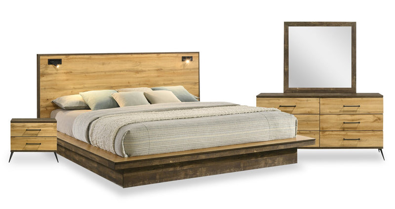 Ensemble de chambre à coucher Silas 6 pièces brun rustique avec lit plateforme, commode, miroir, table de nuit et éclairage à DEL - format très grand lit