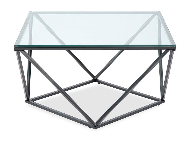 Table à café moderne Prism de 31,5 po avec dessus en verre - verre avec base en métal 