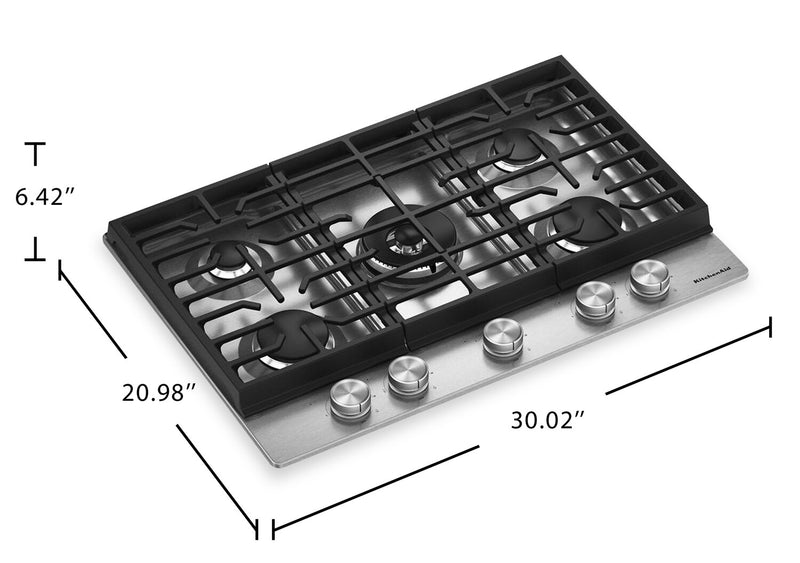 Surface de cuisson KitchenAid de 30 po au gaz sur métal avec grilles pour wok intégrées – acier inoxydable - KCGK530SSS