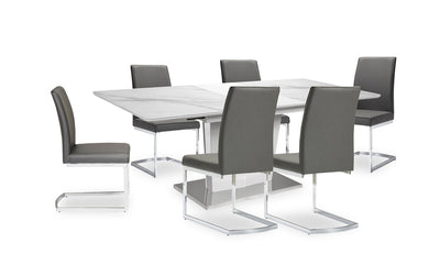 Naya 7pc Dining Package with 63-78.75"W Extension Table & 6 Chairs - Faux White Marble & Grey | Ensemble de salle à manger Naya 7 pièces avec table à rallonge, 63 po à 78,75 po (L), et 6 chaises - imitation de marbre blanc et gris