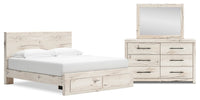  Ensemble de chambre à coucher Derekson 5 pièces blanc rustique avec lit de rangement, commode et miroir - format très grand lit