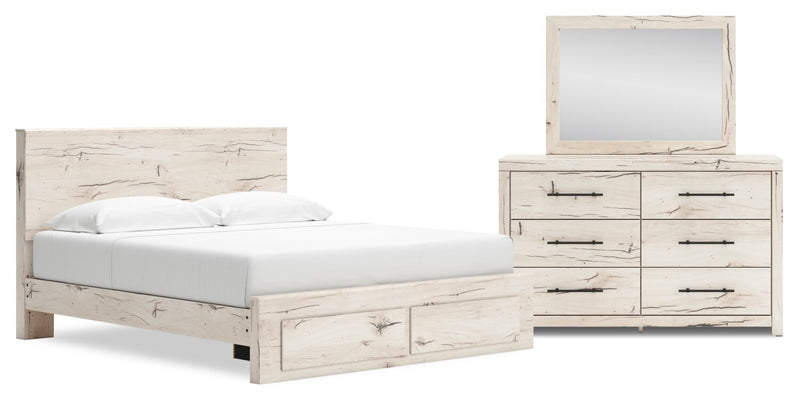Ensemble de chambre à coucher Derekson 5 pièces blanc rustique avec lit de rangement, commode et miroir - format très grand lit