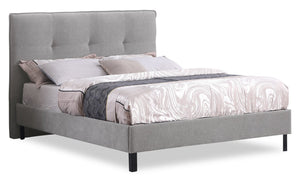 Lit plateforme Amos rembourré en tissu gris avec tête de lit capitonnée - format lit double