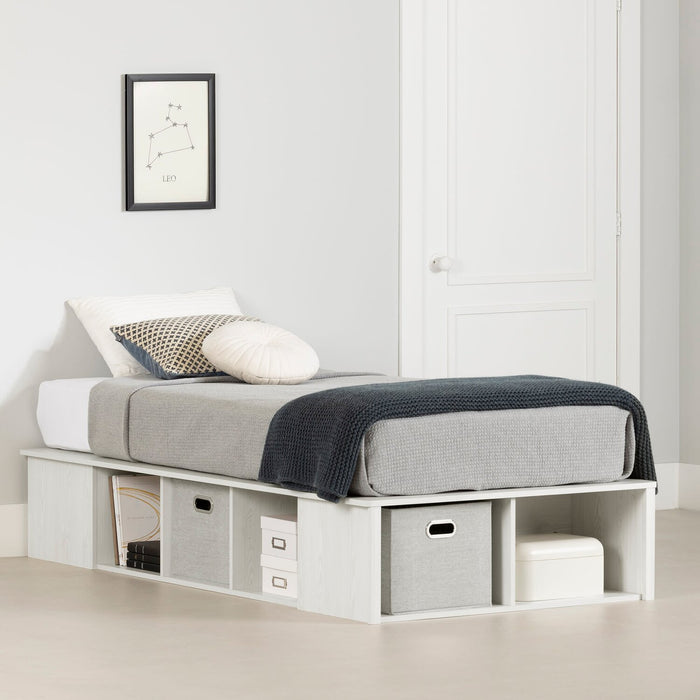 Lit plateforme Everley avec rangement et paniers intégrés, blanc - format lit simple