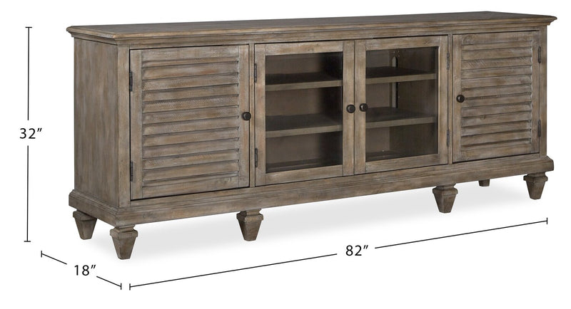 Meuble pour téléviseur rustique Baron de 82 po en pin avec rangement et système de gestion des câbles pour téléviseurs jusqu’à 90 po - gris tourterelle