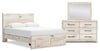 Ensemble de chambre à coucher Derekson 5 pièces blanc rustique avec lit de rangement, commode et miroir - format grand lit