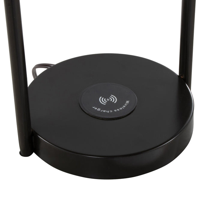 Lampe de table Orbit de 28 po en métal avec recharge sans fil et abat-jour en lin naturel – bronze huilé