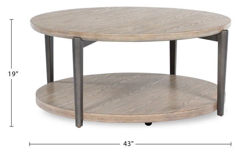 Table à café ronde moderne Lloyd de 43 po avec tablette et roulettes - gris-brun