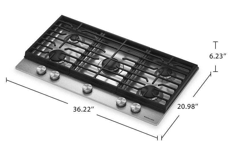 Surface de cuisson à gaz sur métal KitchenAid de 36 po avec grilles en fonte - acier inoxydable - KCGK336SSS