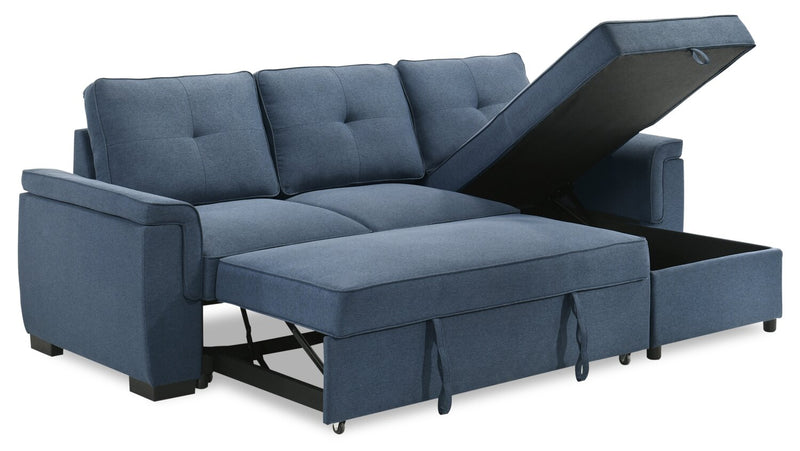 Sofa-lit sectionnel réversible Eden 2 pièces en tissu avec fauteuil long de rangement et coussins de dossier amovibles - bleu