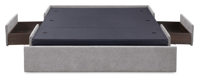 Base de lit de rangement Amos rembourrée en tissu gris avec 3 tiroirs intégrés - format très grand lit