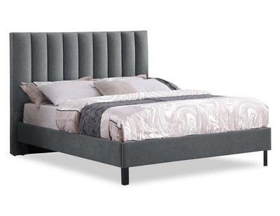 Amos Upholstered Platform Bed in Charcoal Fabric with Channelled Headboard - Full Size | Lit plateforme Amos rembourré en tissu anthracite avec tête de lit à canaux - format lit double