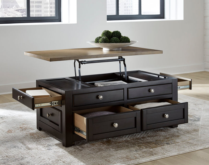 Table à café Wells de 46 po en bois massif avec dessus relevable, rangement et roulettes - deux teintes de brun