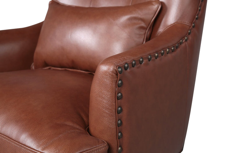Fauteuil d’appoint Haden de 30 po en cuir véritable avec base en bois et bordure de clous décoratifs - brun pavé Sidekick