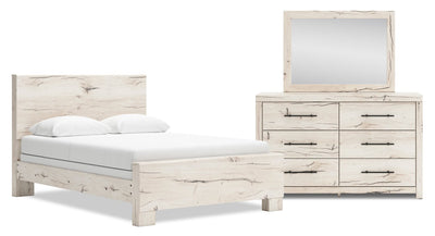 Derekson 5pc Bedroom Set with Panel Bed, Dresser & Mirror, Rustic White  - Queen Size | Ensemble de chambre à coucher Derekson 5 pièces blanc rustique avec lit à panneaux, commode et miroir - format grand lit