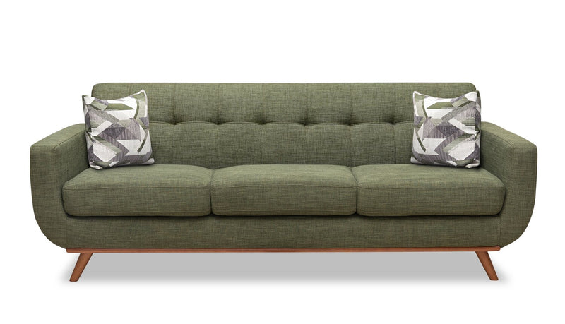 Sofa Freeman Kort & Co. de 88 po en tissu d’apparence lin avec pattes en bois et coussins de dossier capitonnés - vert avocat